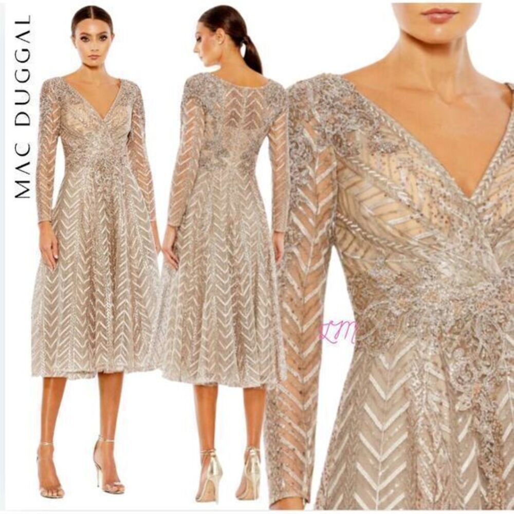 Mac Duggal 20399 Embellished Long Sleeve Wrap Over Dress Taupe‎ Size 20